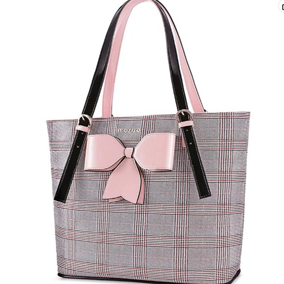 MOSISO  plaid Tote laptop bag carry all  houndstooth large Pink bow, stylish - Picture 14 of 14